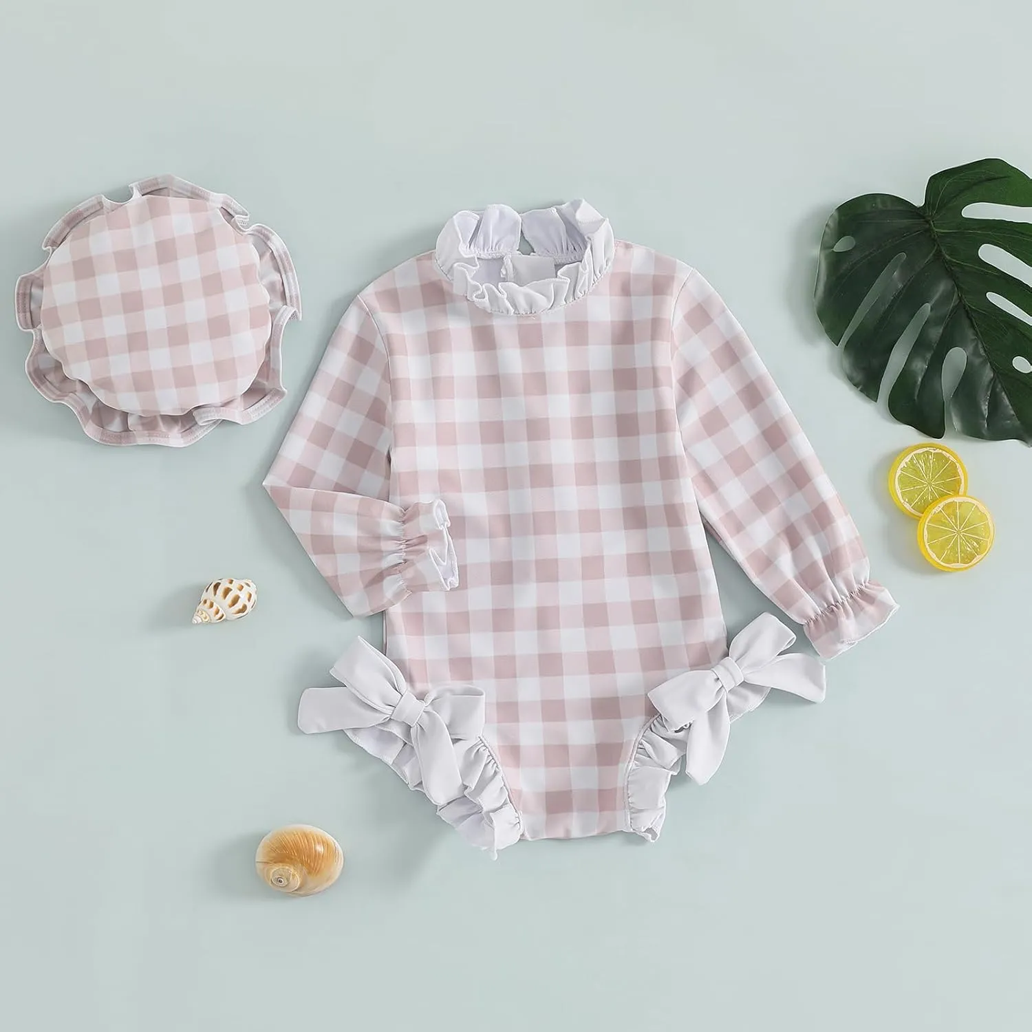 Toddler Baby Girl One Piece Swimsuit Checkered Print Long Sleeve One Piece Rash Guard Ruffle Swimsuit with Hat Set