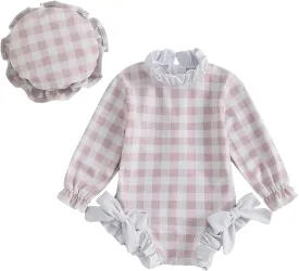 Toddler Baby Girl One Piece Swimsuit Checkered Print Long Sleeve One Piece Rash Guard Ruffle Swimsuit with Hat Set