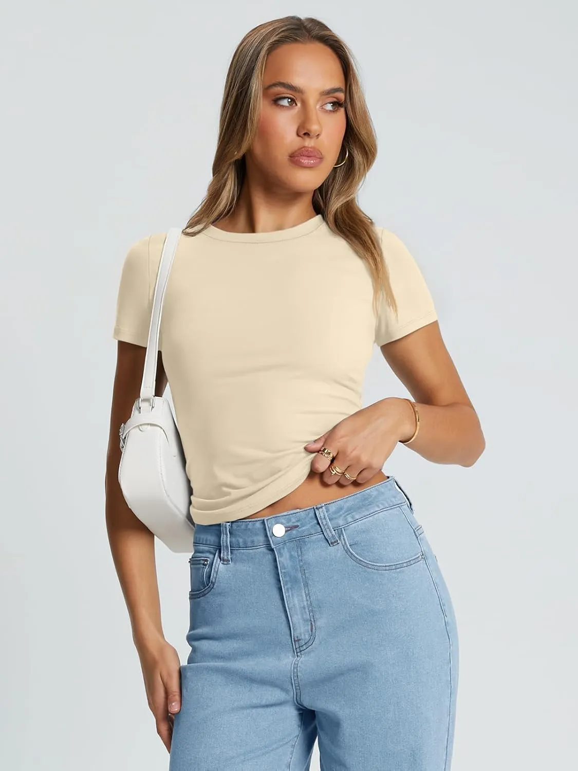Trendy Queen Womens Basic T Shirts Summer Tops 2025 Crop Short Sleeve Slim Fit Tee Cute Gym Workout Clothes