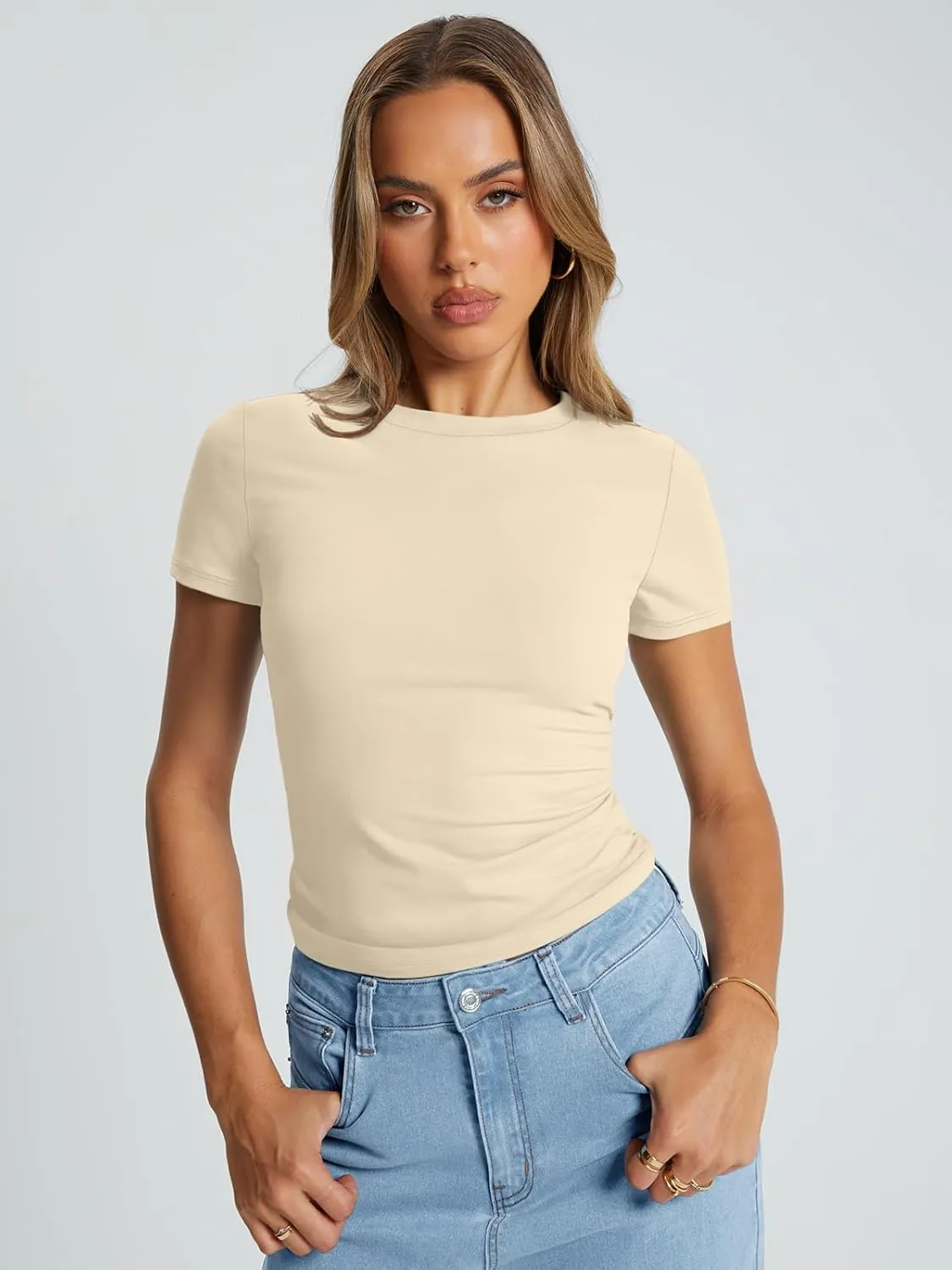 Trendy Queen Womens Basic T Shirts Summer Tops 2025 Crop Short Sleeve Slim Fit Tee Cute Gym Workout Clothes