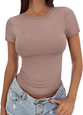 Trendy Queen Womens Basic T Shirts Summer Tops 2025 Crop Short Sleeve Slim Fit Tee Cute Gym Workout Clothes