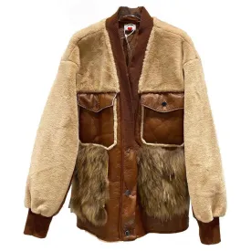 Women Leather Coat Fur Splicing V-neck Faux Leather Jackets Color Matching Vintage Leather Jacket For Women