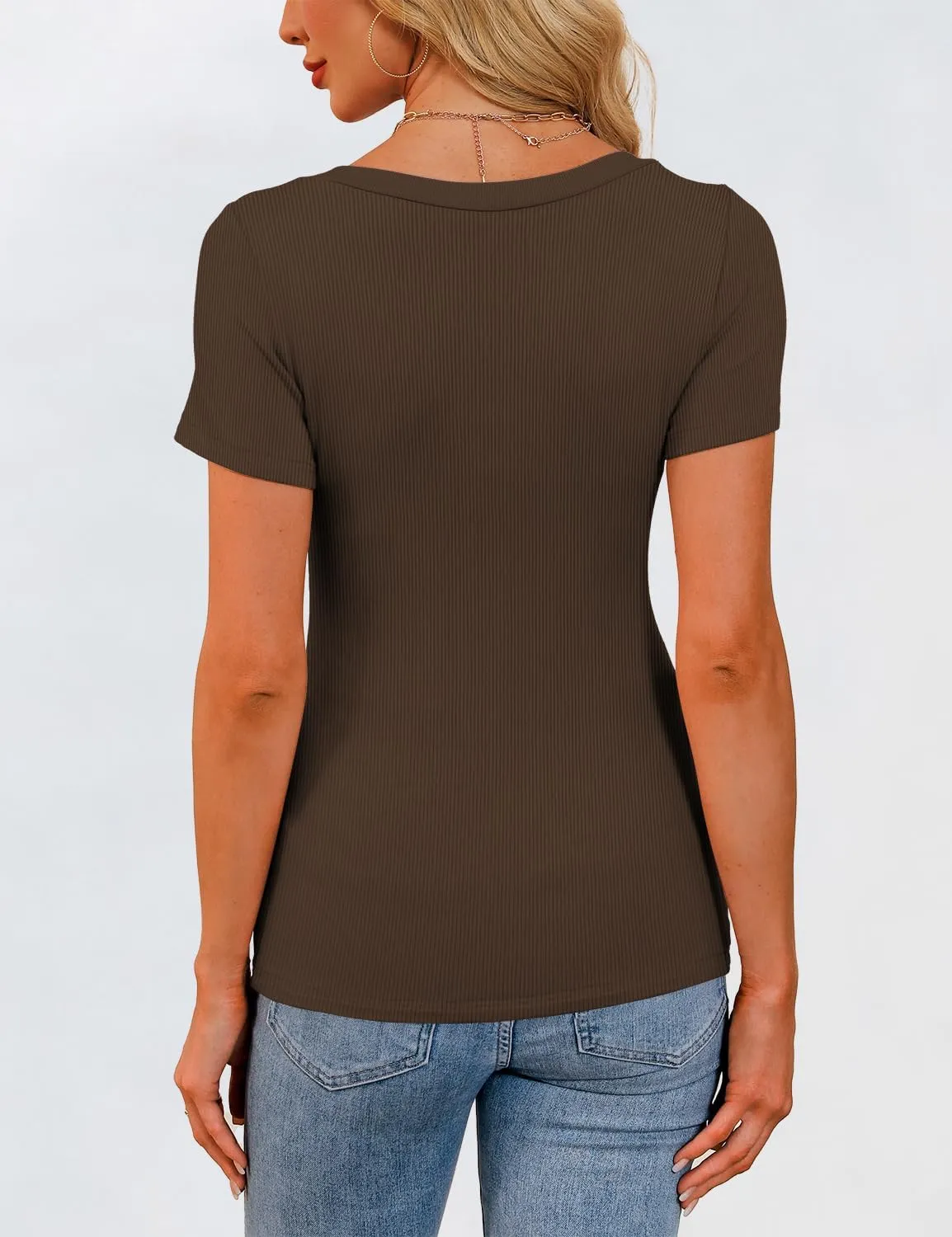 Womens Short Sleeve Tops Scoop Neck Ribbed Slim Fitted Basic Tee Shirts Cute Summer Tops 2025 Trendy Outfits