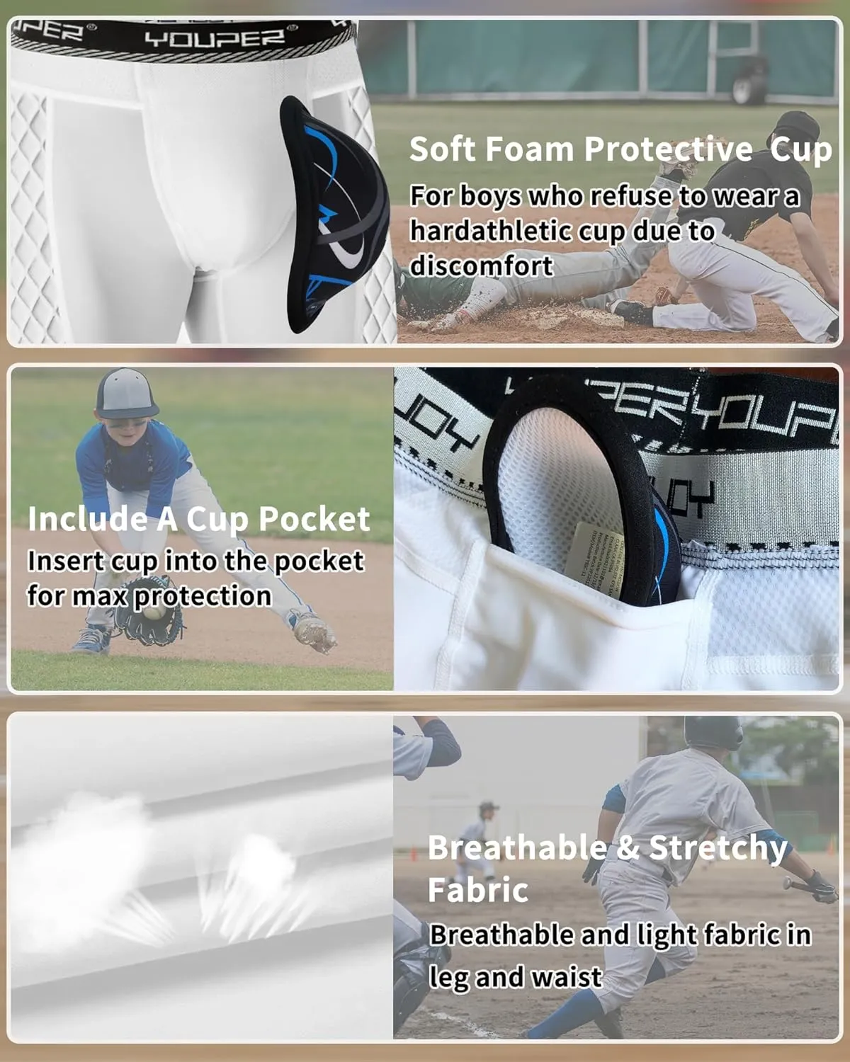 Youper Youth Elite Padded Baseball Sliding Shorts w/Soft Athletic Cup