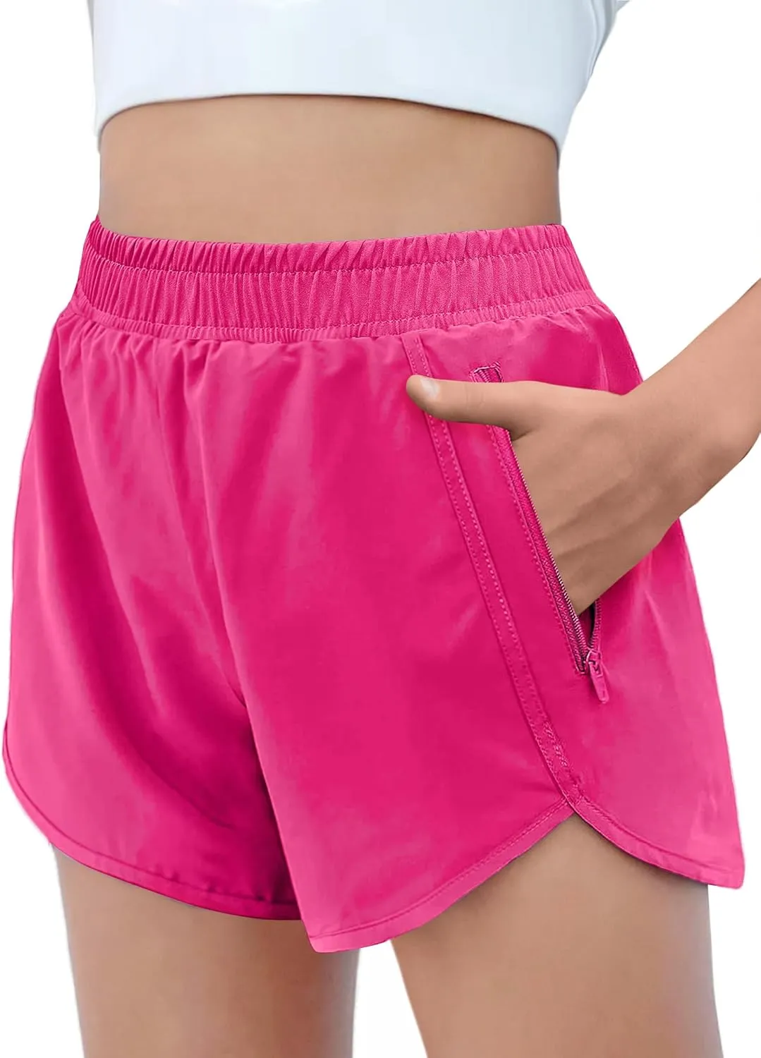 Zaclotre Girls Athletic Shorts with Zipper Pockets High Waisted Running Shorts Soccer Gym Sports Active Short for Kids