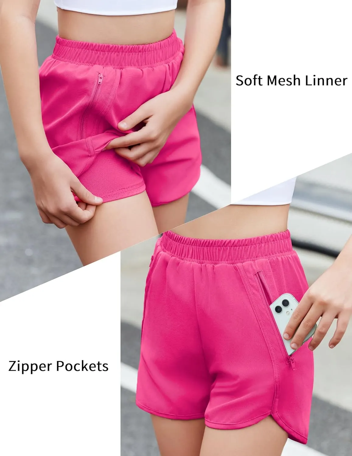 Zaclotre Girls Athletic Shorts with Zipper Pockets High Waisted Running Shorts Soccer Gym Sports Active Short for Kids